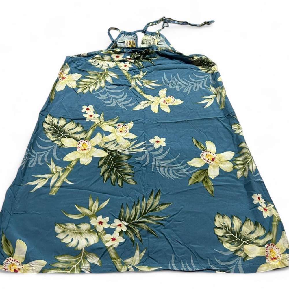 Vintage Winnie Fashion Beach Tropical Floral Blue Halter Dress Small